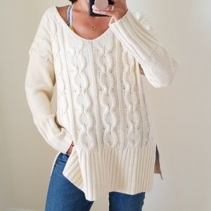 Cable Knit V Neck Tunic Sweater
